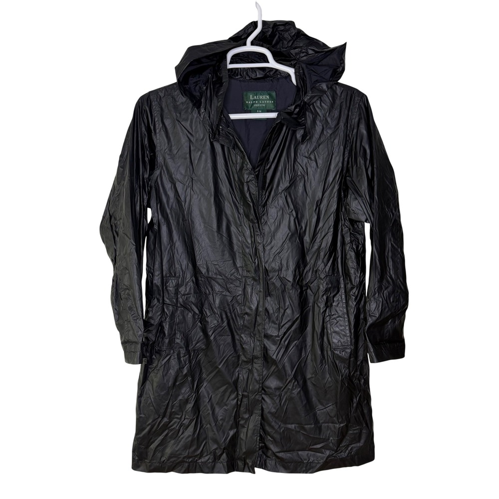 Lauren Ralph Lauren Petite Black Hooded Rain Coat Jacket P/M Nylon Packable